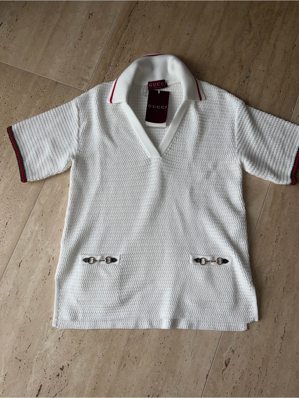 Gucci White Knit Polo Shirt with Red-Green Trim